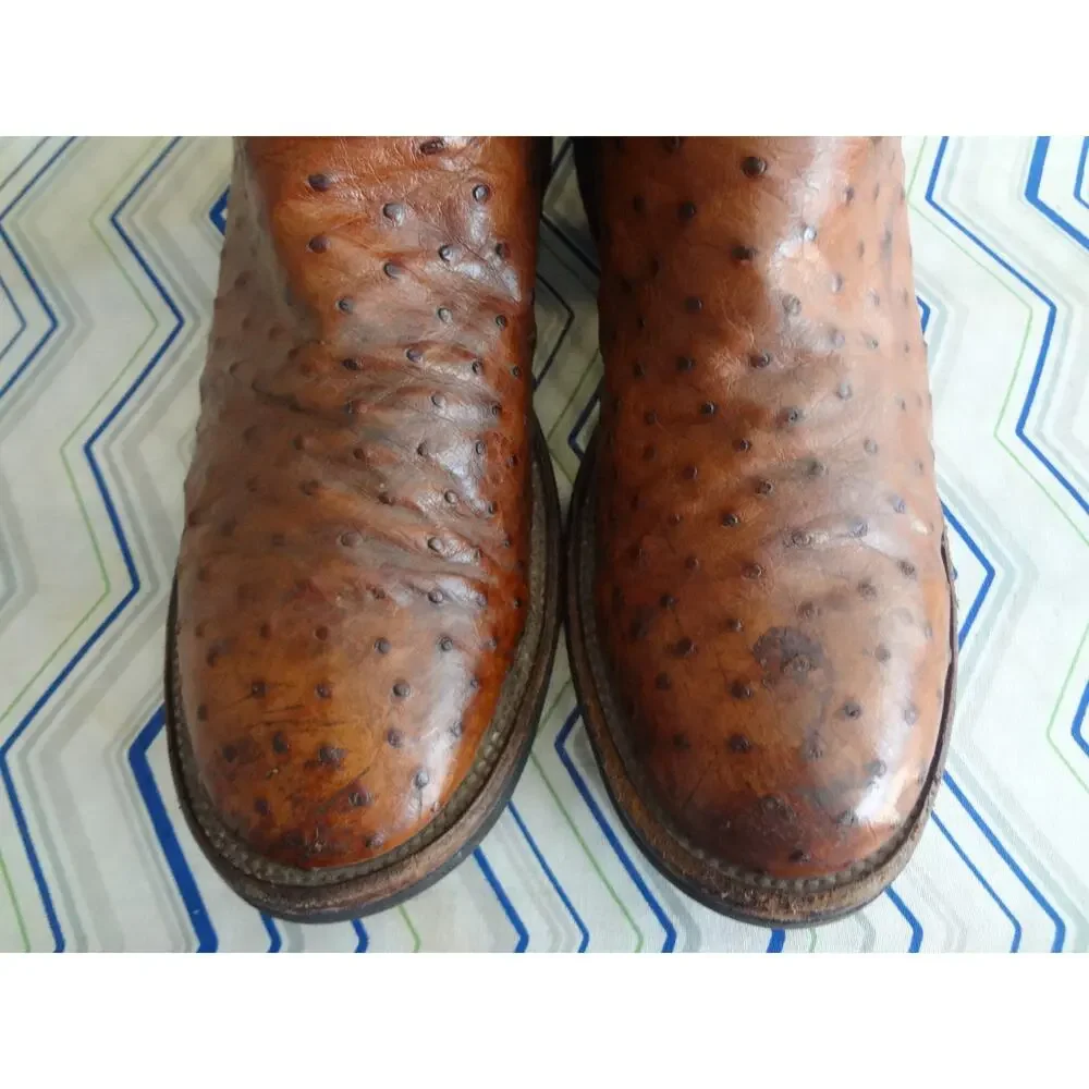 Vintage JUSTIN Ostrich Leather Brown Black Western Cowboy Boot Men 12 Full Quill
